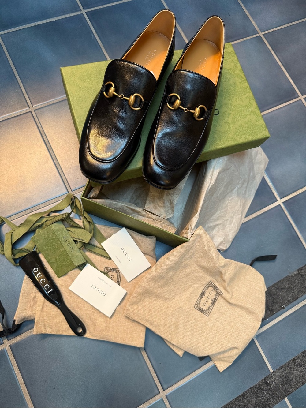 Gucci Jordaan Black Leather Horsebit Slip-On Loafers with Gold Hardware